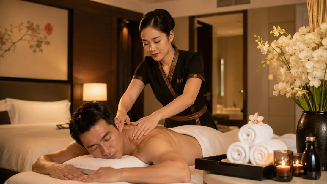 Professional female therapist giving an in-room oil massage at a hotel